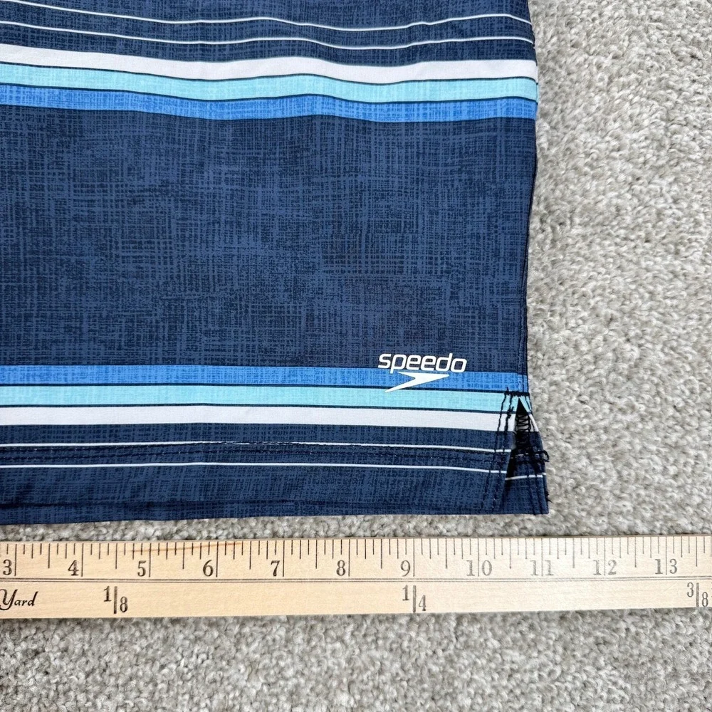Speedo Mens Small Board Shorts‎ Blue Striped Swim Trunks Stretch Zip Pocket